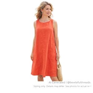Coral Linen Shift Dress Coastal Chic Minimalist Midi Pockets M